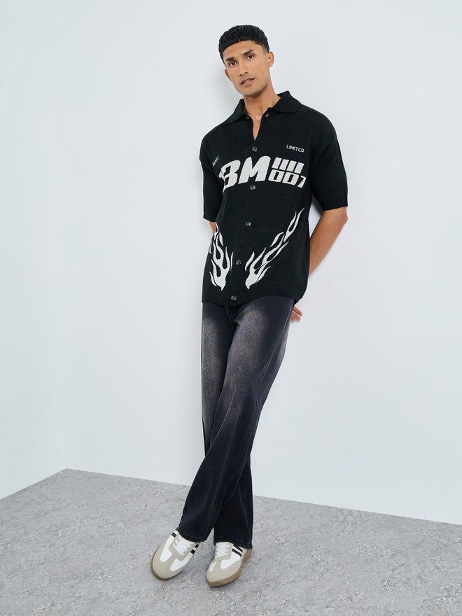 ستايلي تيشيرت رجالي أسود مطبوع برسومات محبوكة - Image 2